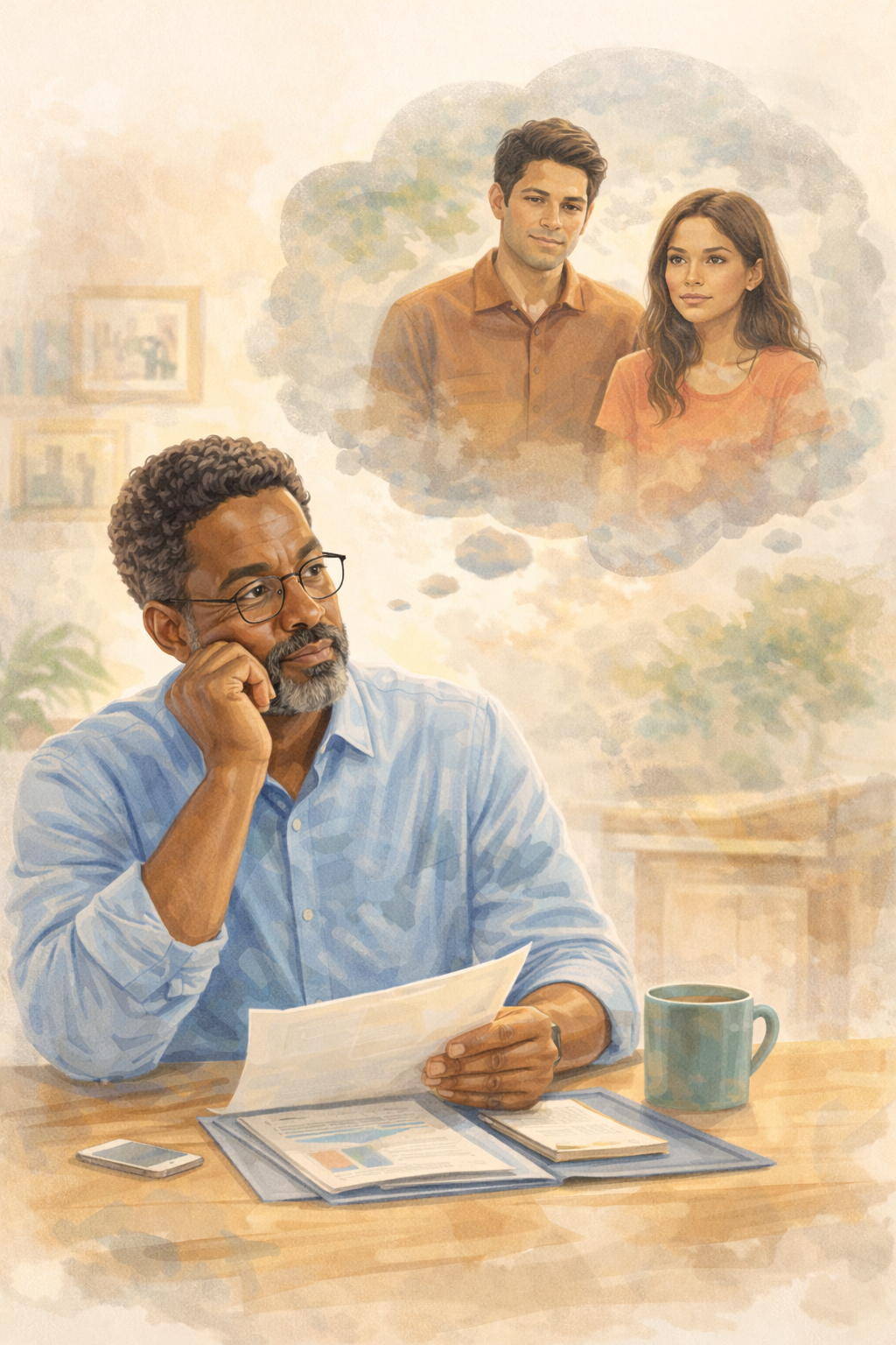 Older man with a contemplative look & thought bubble containing 2 relatives from the younger generation