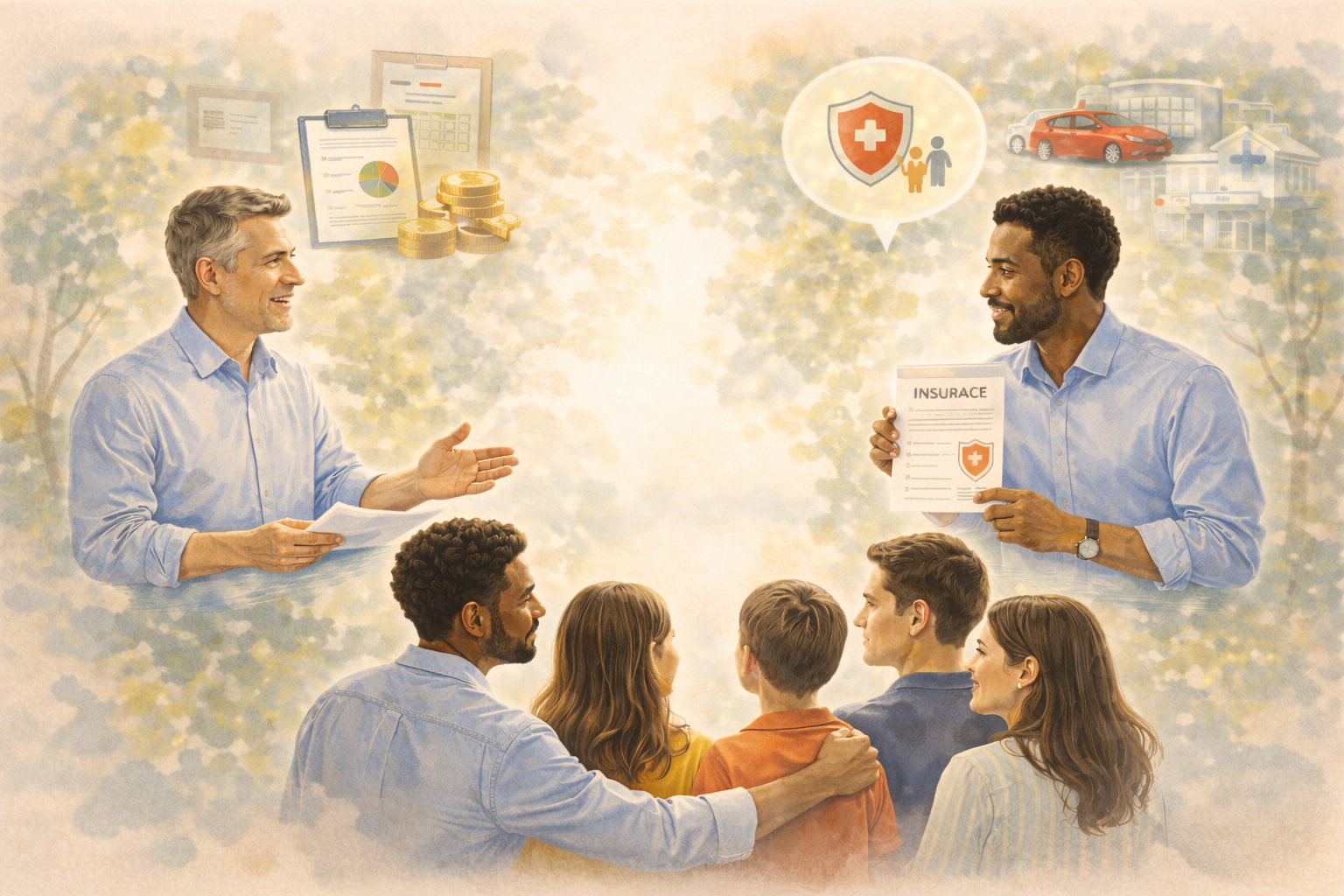 group of watercolor style people of different backgrounds discussing planning and insurance