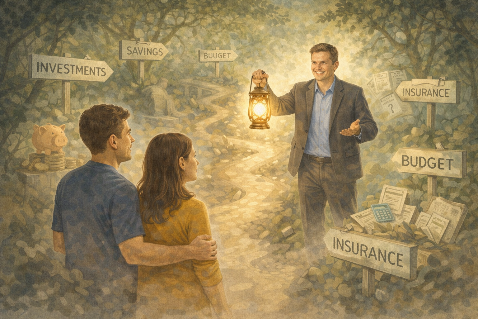 Financial advisor holding lamp, helping to lead a man & woman through a path of financial posts